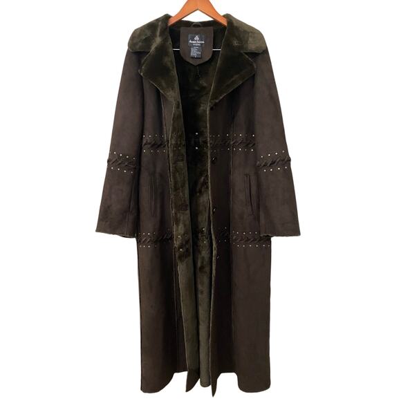 Vintage Faux Suede Trench Coat Large Brown Shearling Maxi Long Afghan Western - Picture 1 of 13